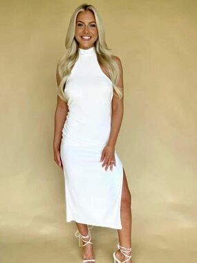 Sleeveless White Halter Midi Dress with Side Slit